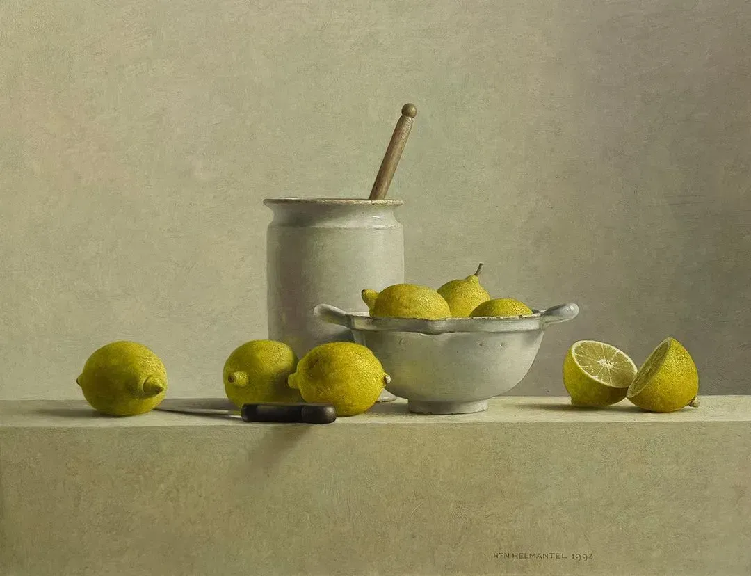 Helmantel schilderij uit 1993 Stilleven met citroenen
