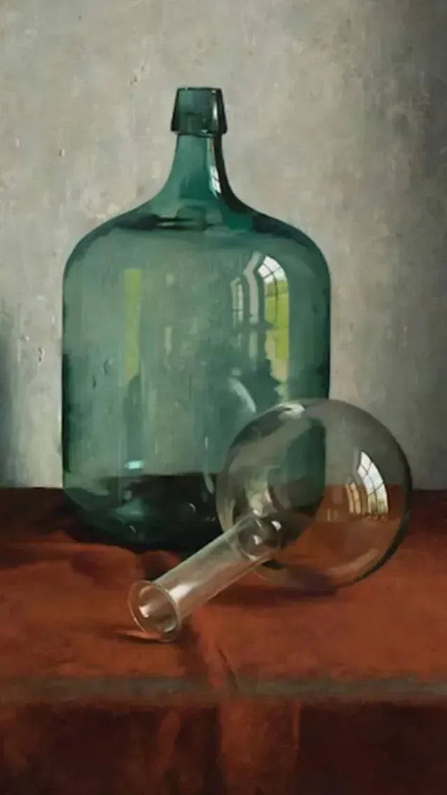 Helmantel schilderij uit 1975 Stilleven met flessen
