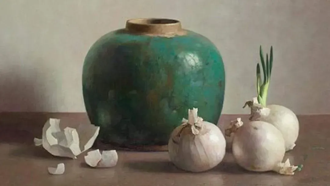 Helmantel schilderij uit 2009 Stilleven met gemberpot