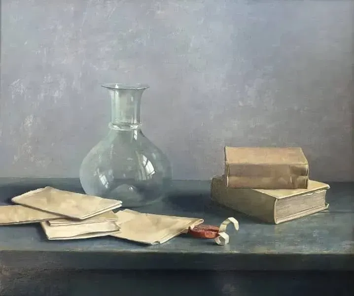 Helmantel schilderij uit 1989 Stilleven met glas