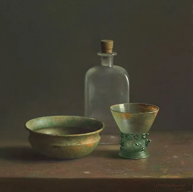 Helmantel schilderij uit 2010 Stilleven met glas en brons