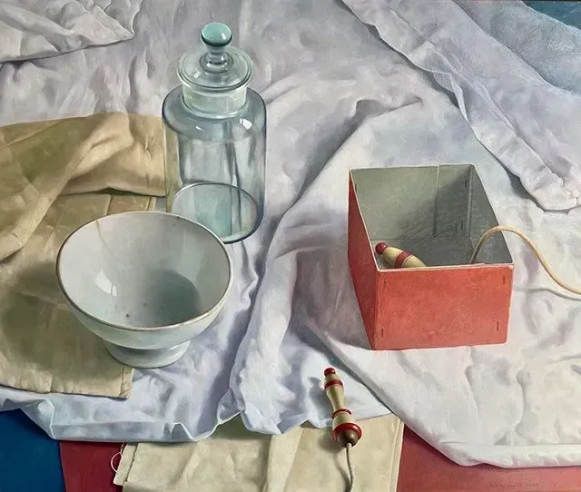 Helmantel Schilderij uit 1988 Stilleven met glas, kom en doos