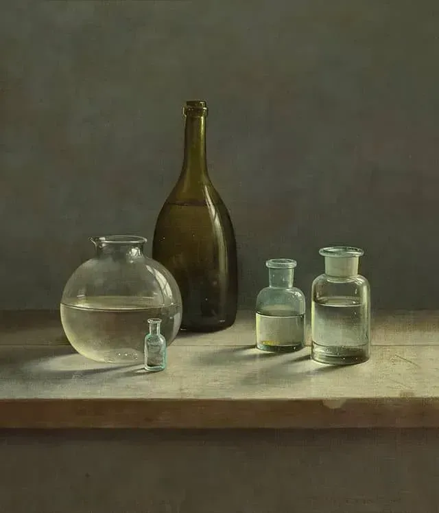 Helmantel schilderij uit 1982 Stilleven met glaswerk