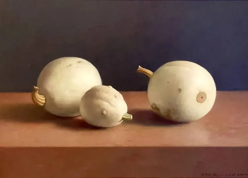 Helmantel schilderij uit 2014 SStilleven met kalebassen