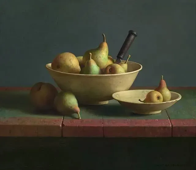 Helmantel schilderij uit 2000 Stilleven met peren