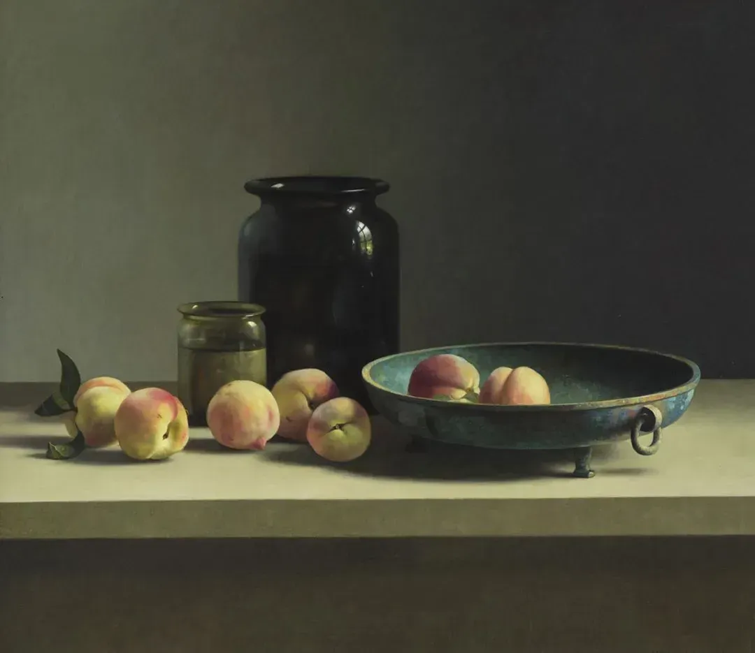 Helmantel Schilderij uit 2010 Stilleven met perziken en glas
