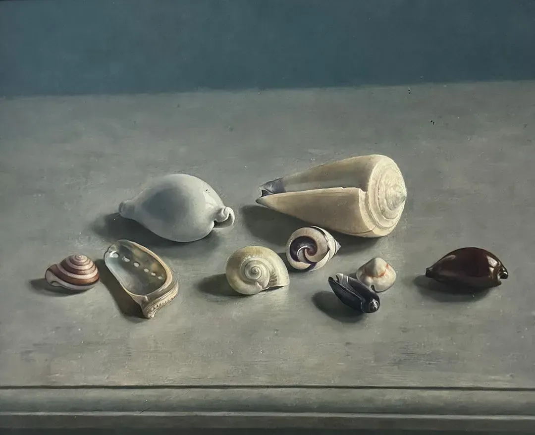 Helmantel schilderij uit 1976 Stilleven met schelpen