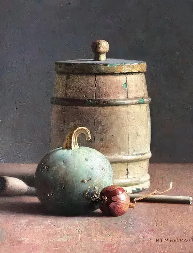 Helmantel schilderij uit 1996 Stilleven met tabakspot en kalebas