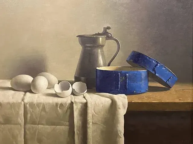 Helmantel schilderij uit 1998 Stilleven met tinnen kan en eieren