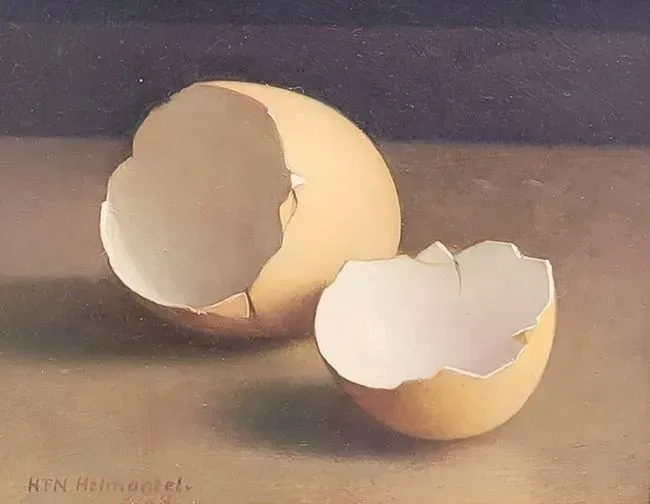 Helmantel schilderij uit 2008 Stilleven met twee eierschalen