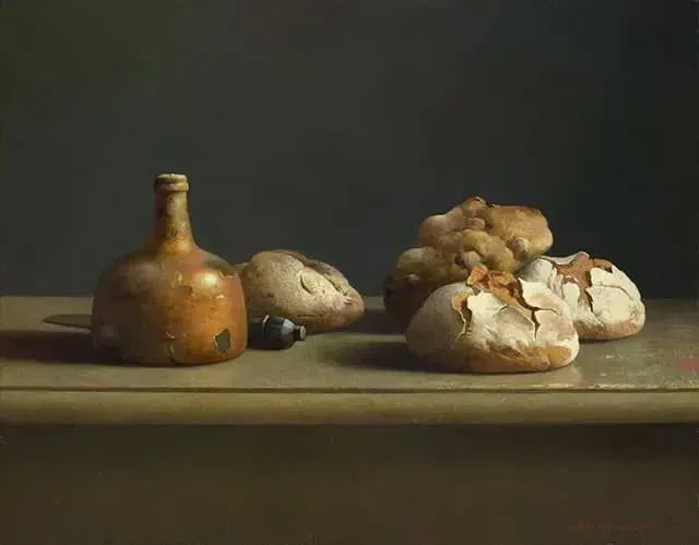 Helmantel schilderij uit 2021 Stilleven met wijnfles en brood