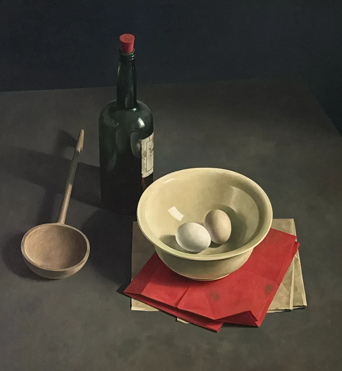 Henk Helmanten schilderij uit 1970 Vloercompositie met eieren in kom