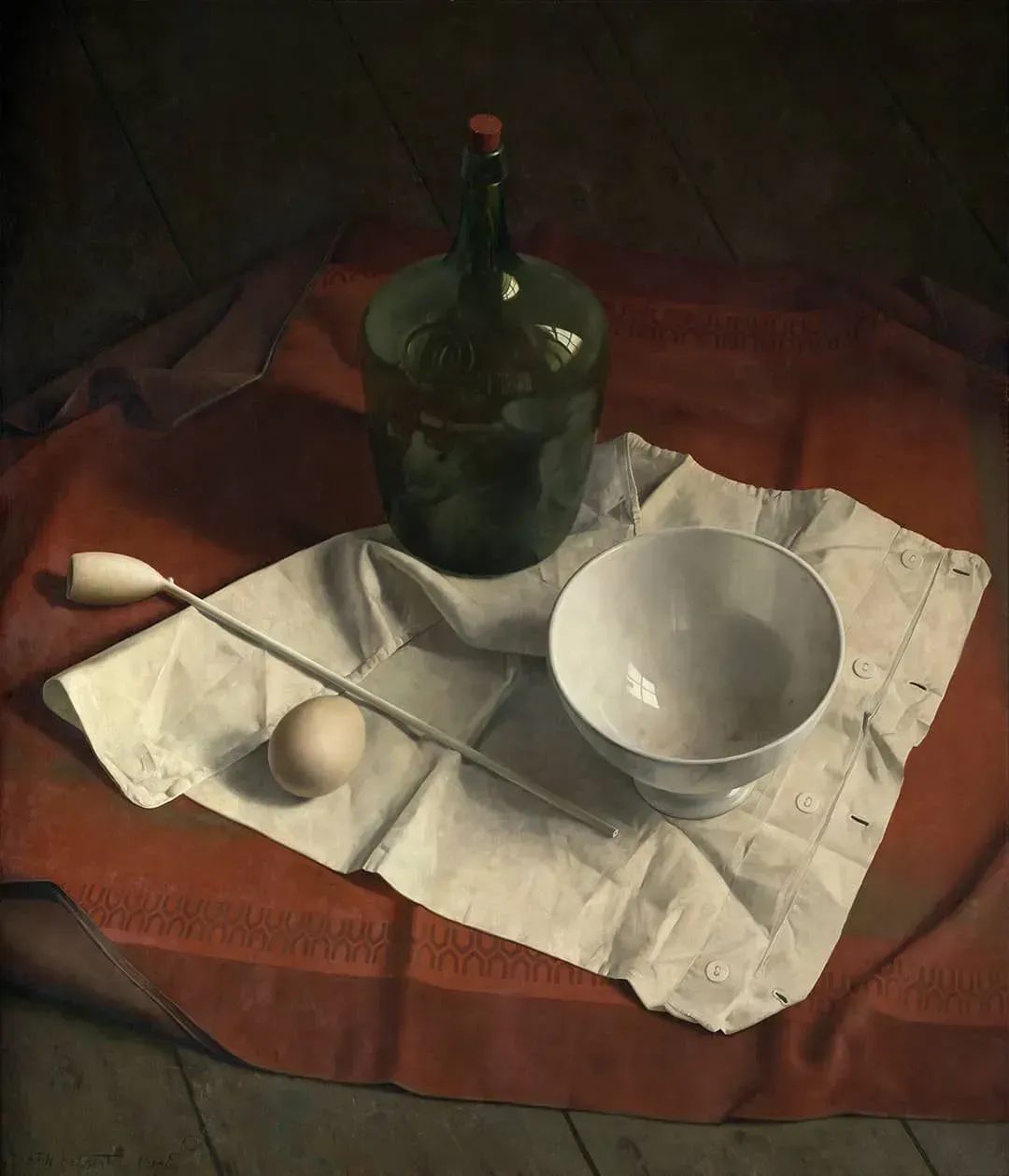 Henk Helmanten schilderij uit 1978 Vloercompositie met kleipijp, kom en groene fles