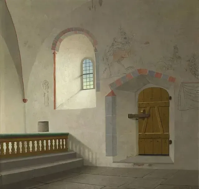 Helmantel schilderij uit 2021 Zuidmuur met deur in de kerk Bäl op Gotland