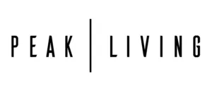 A black and white logo for peak living on a white background.