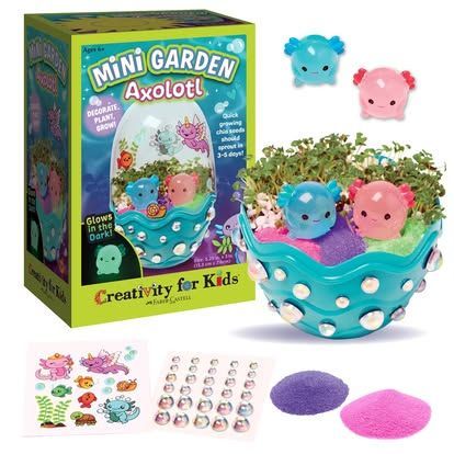Mini Axolotl garden kit for kids: turquoise container, axolotl figures, plants, stickers, gems, and box.