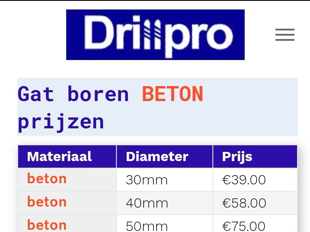 Prijslijst gat laten boren door Drillpro Nederland 