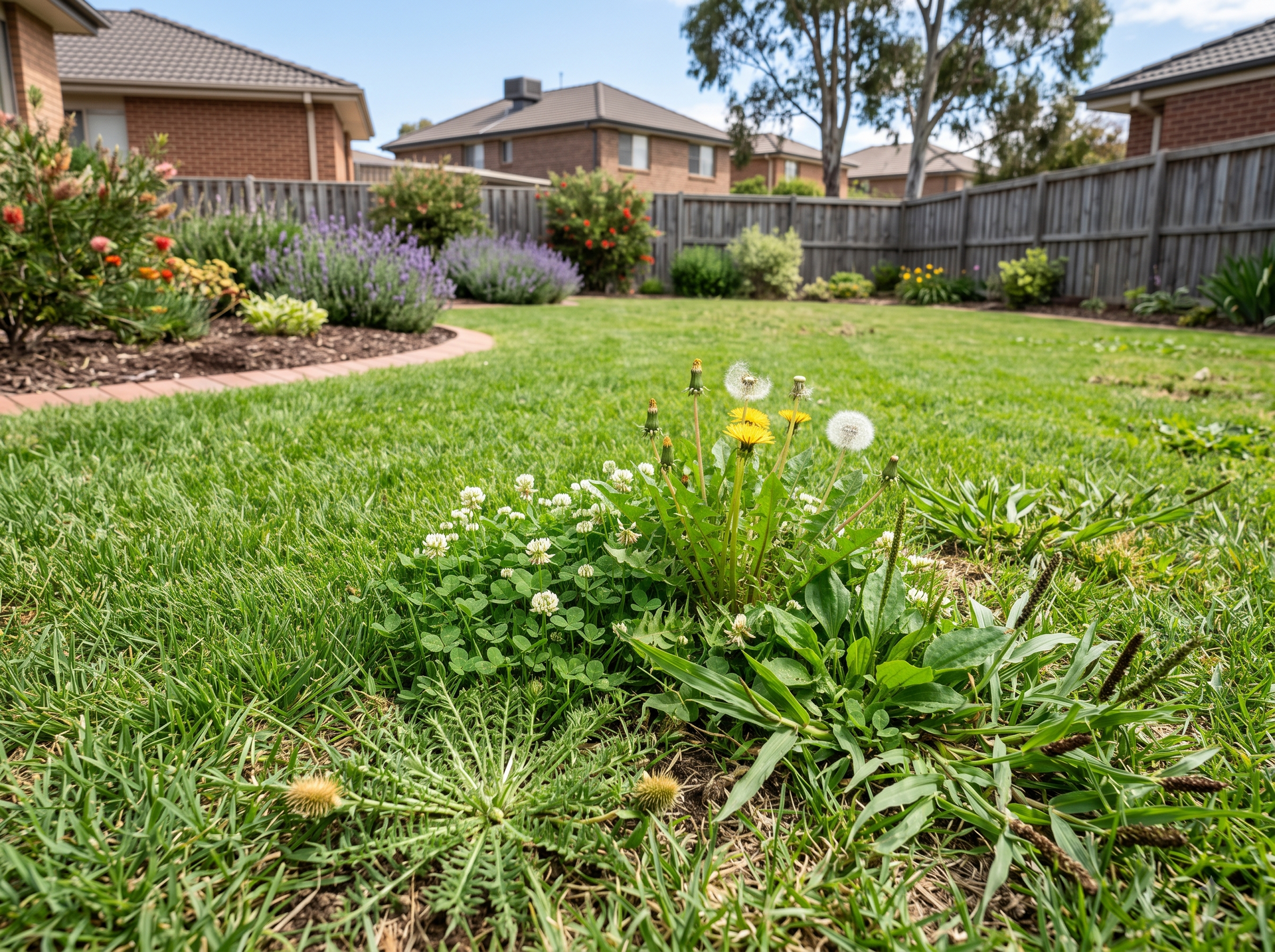 Weeds and dandelions growing in a residential lawn