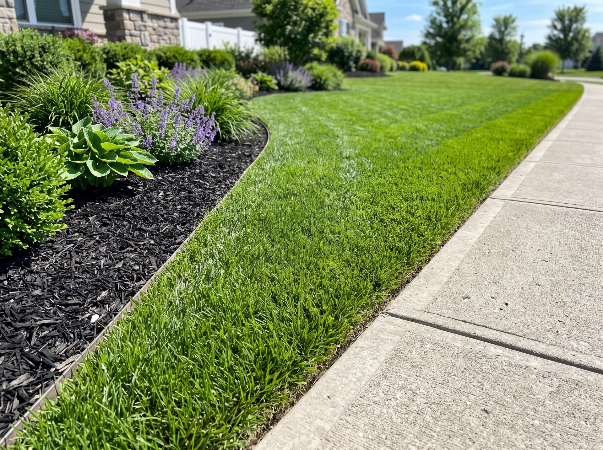 Freshly edged lawn beside a landscaped garden bed