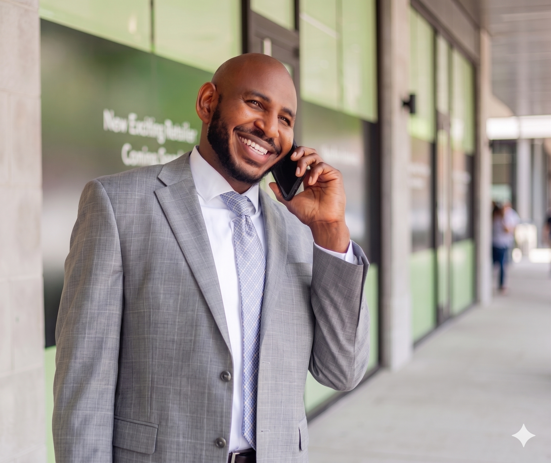 Smiling man in a gray suit talking on a cellphone outside a building
