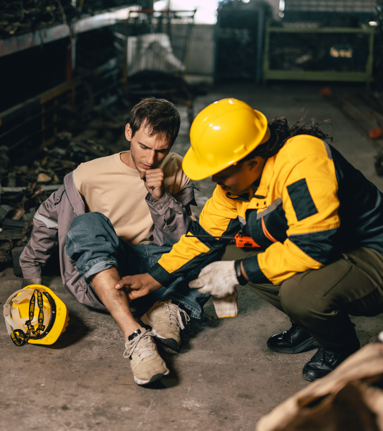 Worker and paramedic treating an injured worker’s ankle on a factory floor, with hard hat nearby