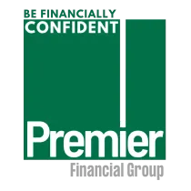 The premier financial group logo is green and white and says be financially confident.