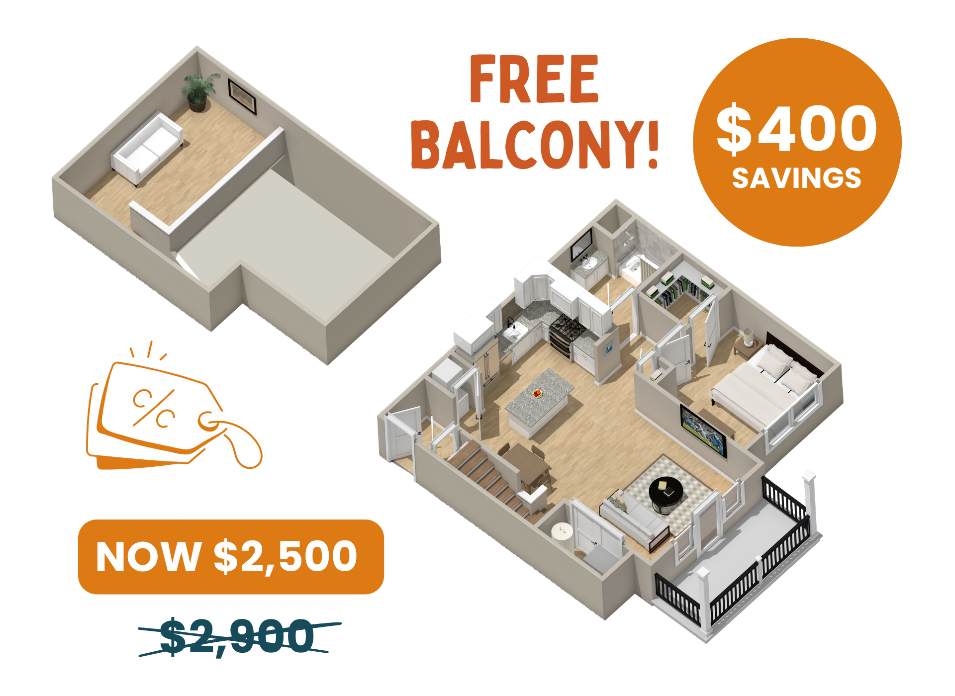 An isometric floor plan of a house with a garage.