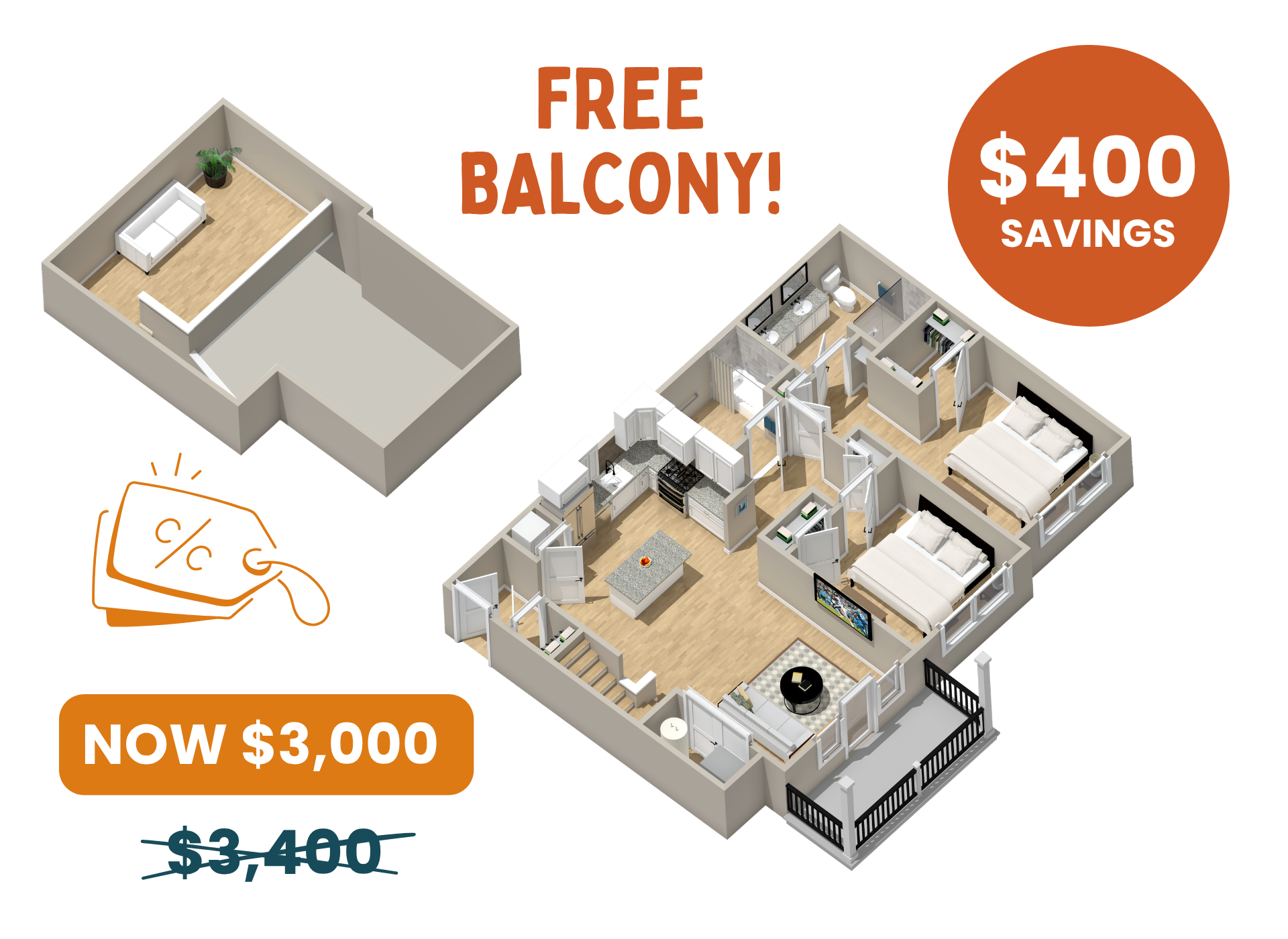 An isometric floor plan of a house with two bedrooms