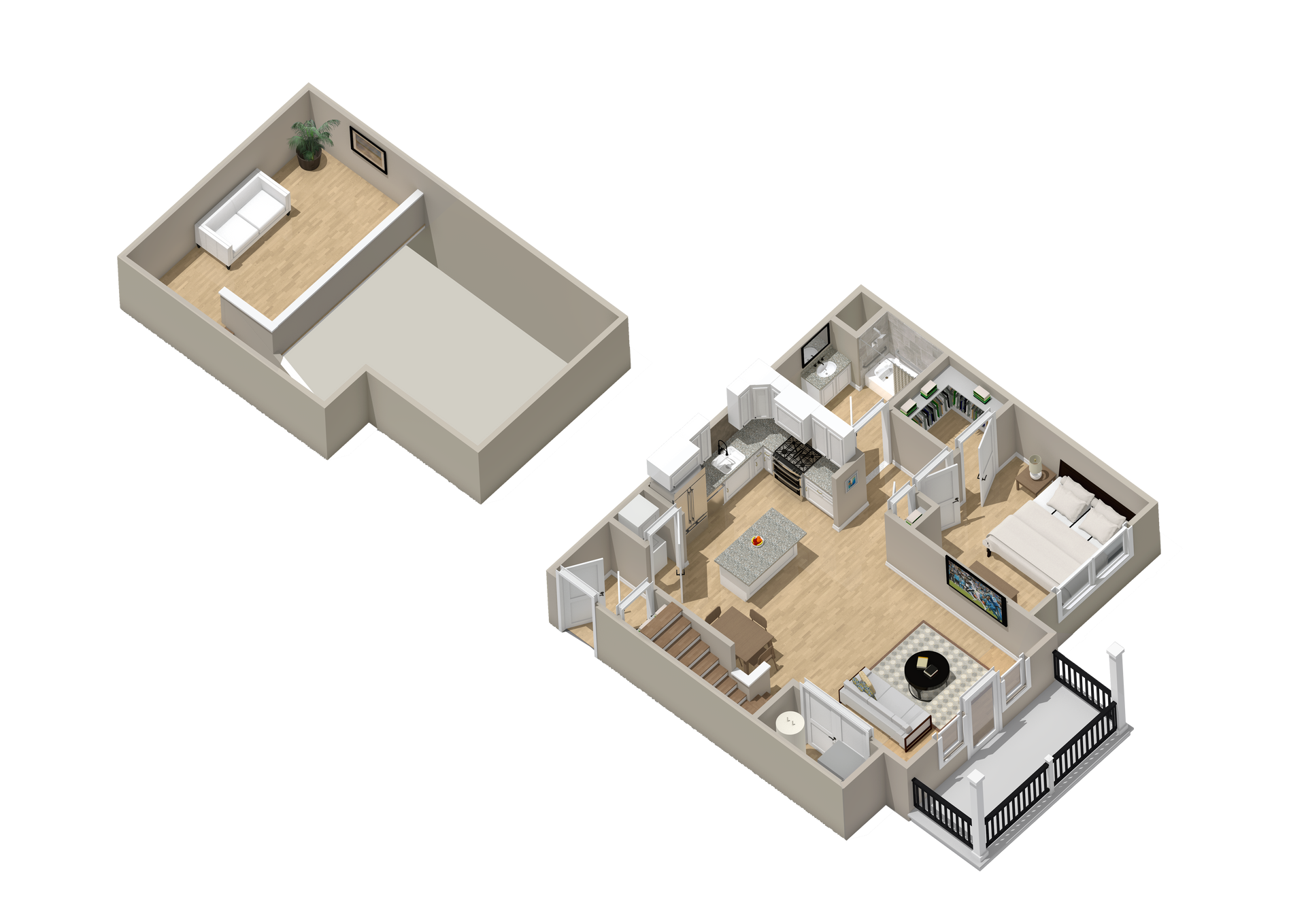 An isometric floor plan of a house with a garage.