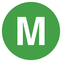 The letter m is in a green circle on a white background.