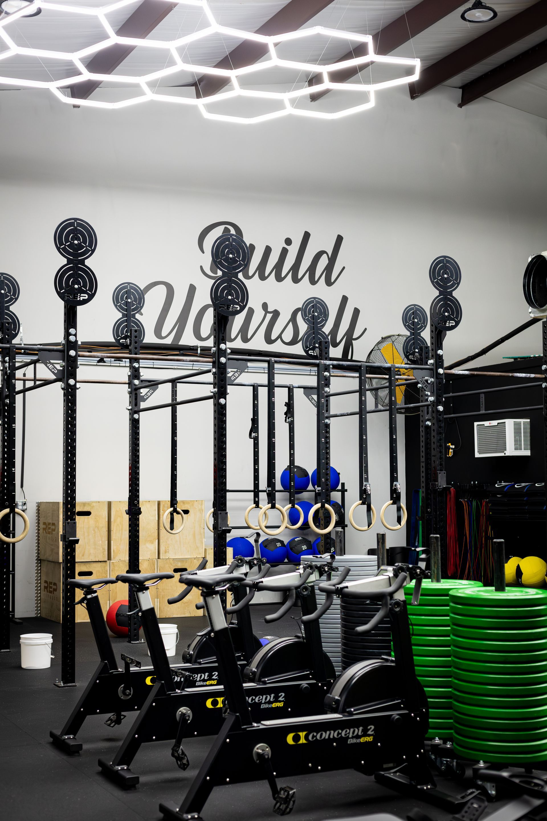 Gym interior with black equipment, hexagon ceiling lights, and stacked green weight plates