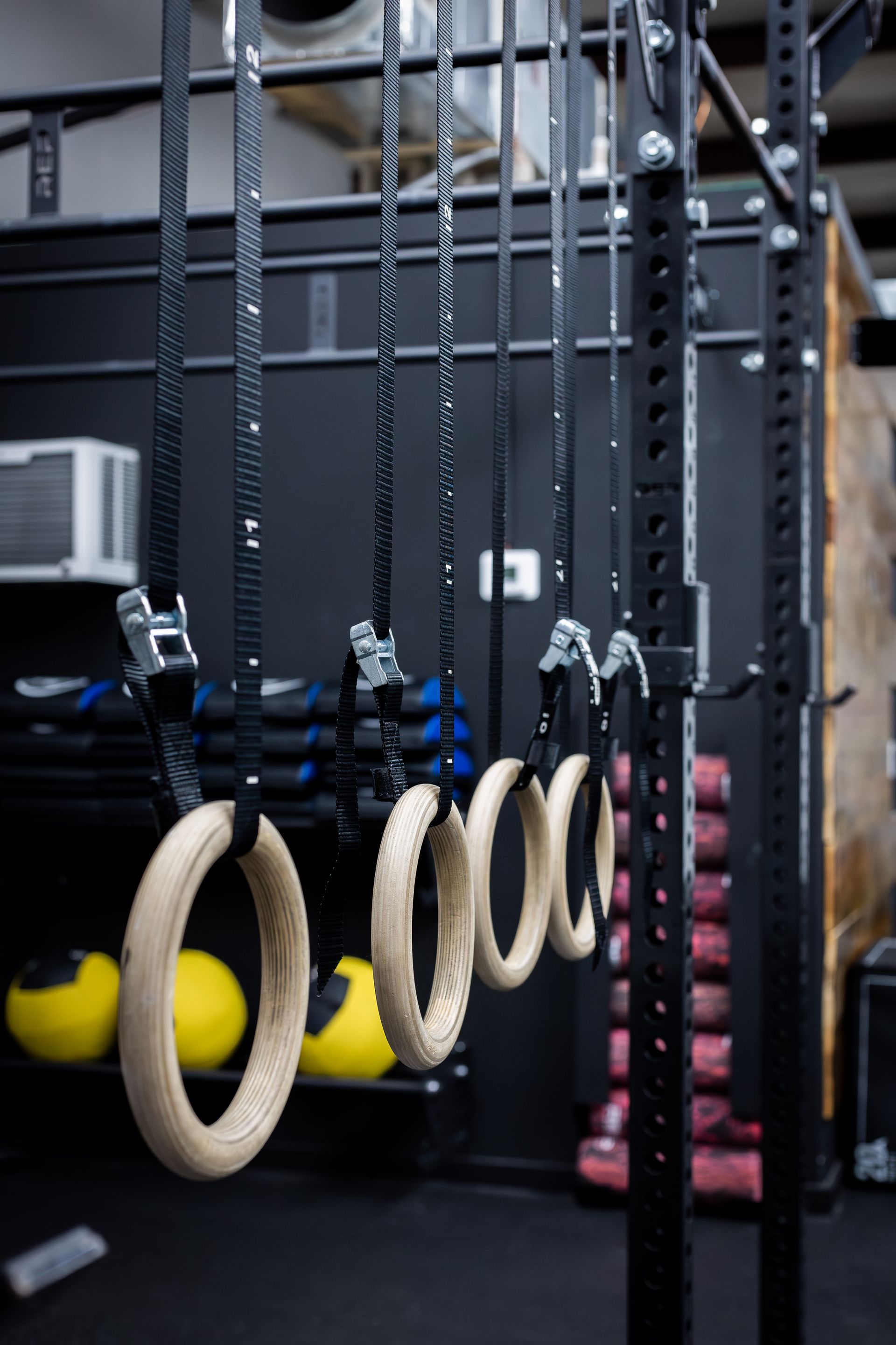 Gymnastic rings hanging in a gym, with black rig posts and workout equipment in the background