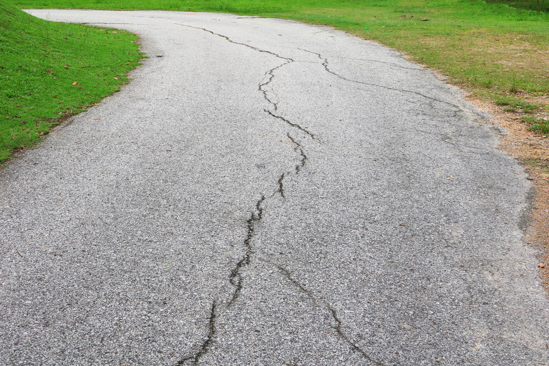 An asphalt road is between two patches of grass, with a crack in the middle.