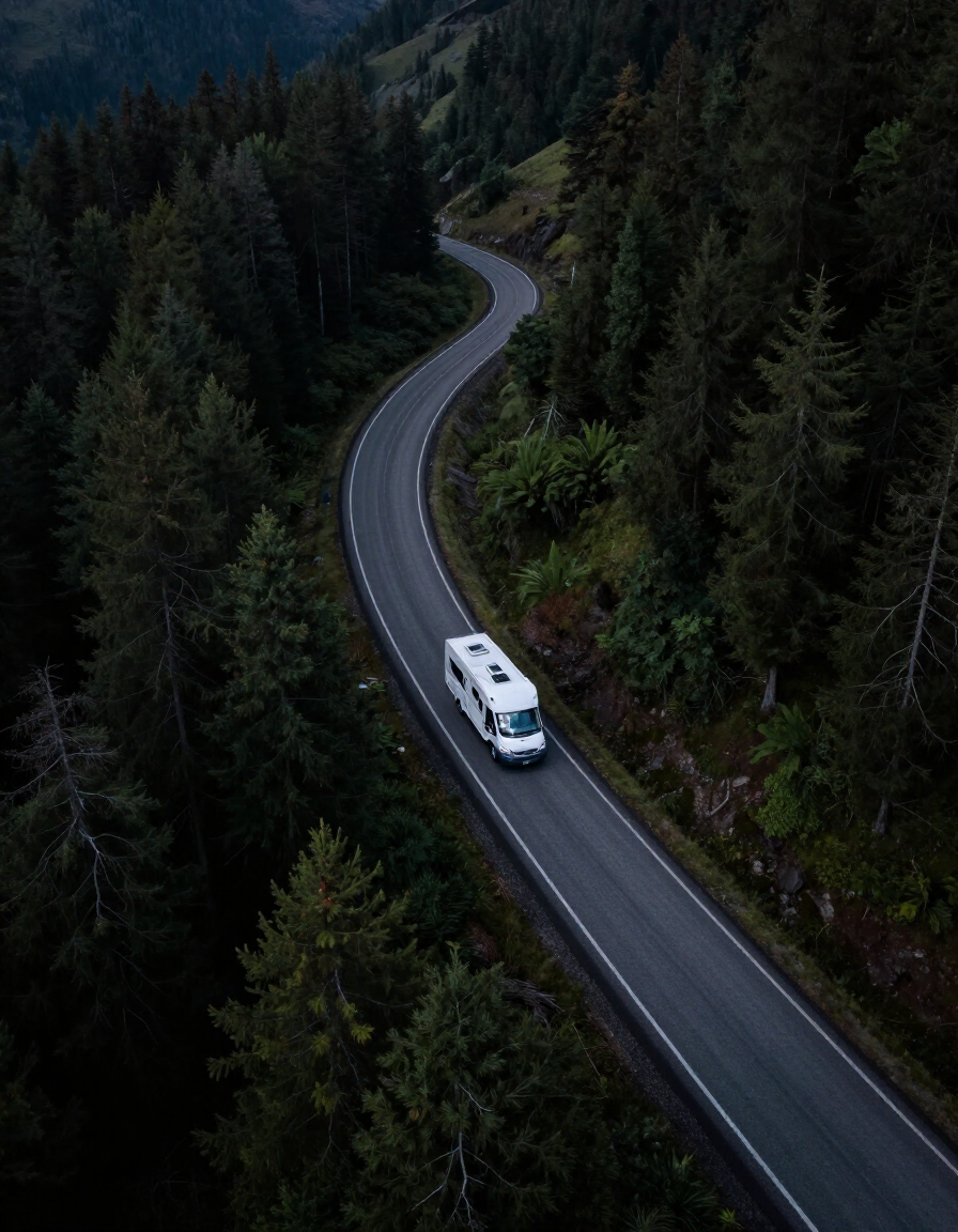 RV on a winding mountain highway in our service area