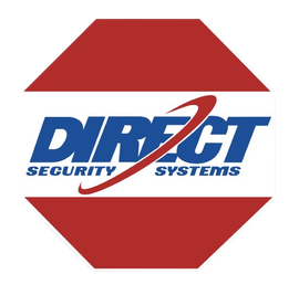 Direct Security Systems logo in blue text on a white background with red geometric shapes above and below