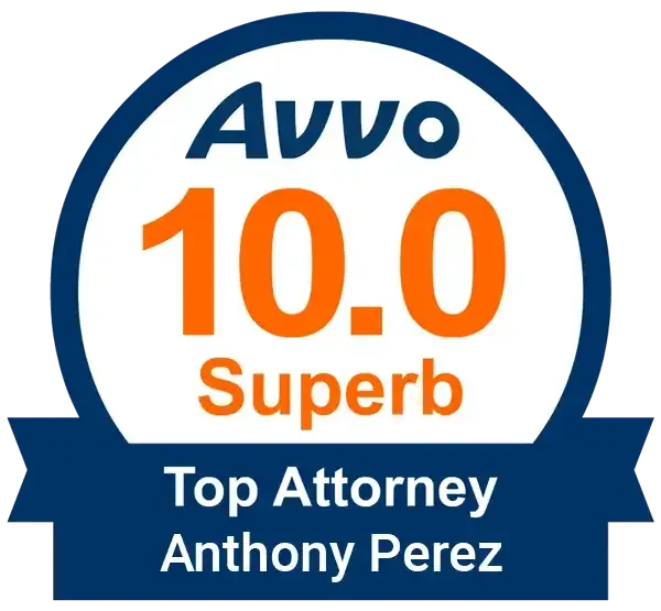 A badge that says avvo 10.0 superb top attorney anthony perez.