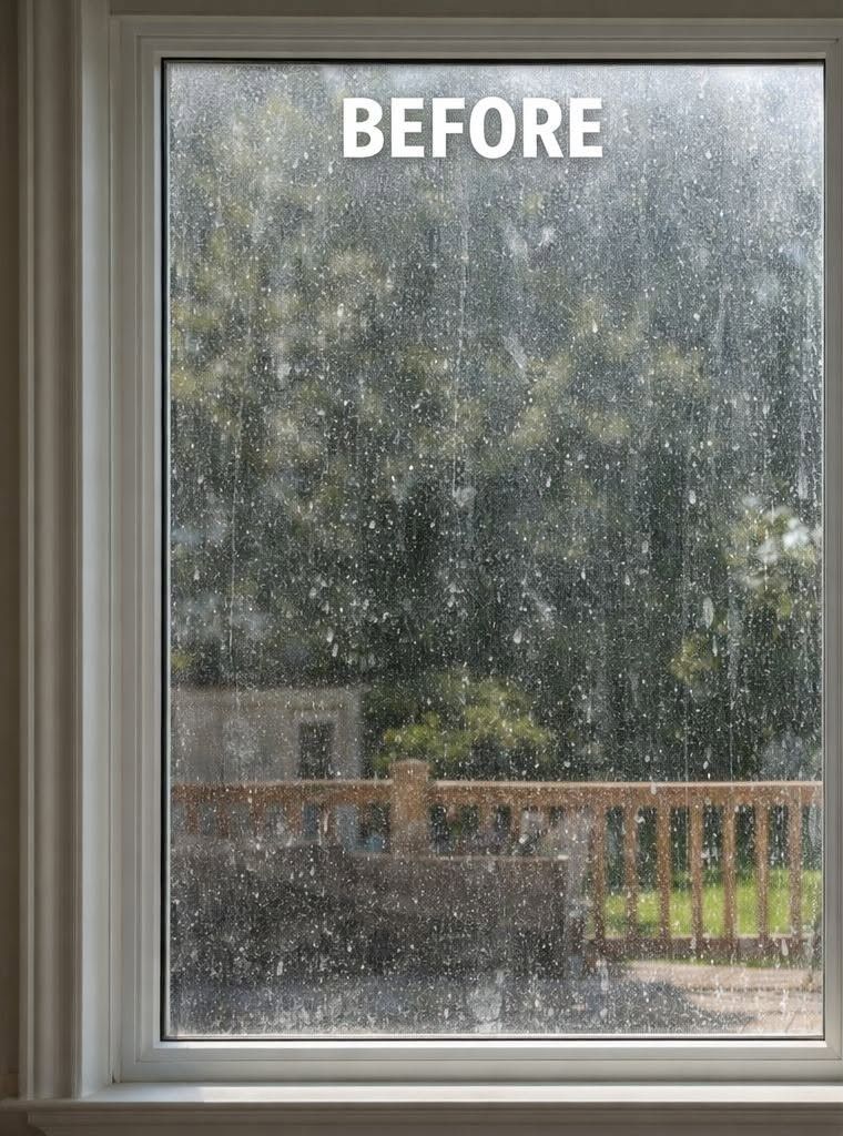 Rain-speckled window with the word “BEFORE” over a view of a deck and trees outside.