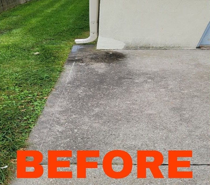 Concrete patio beside house and grass lawn, labeled “BEFORE” in orange text.