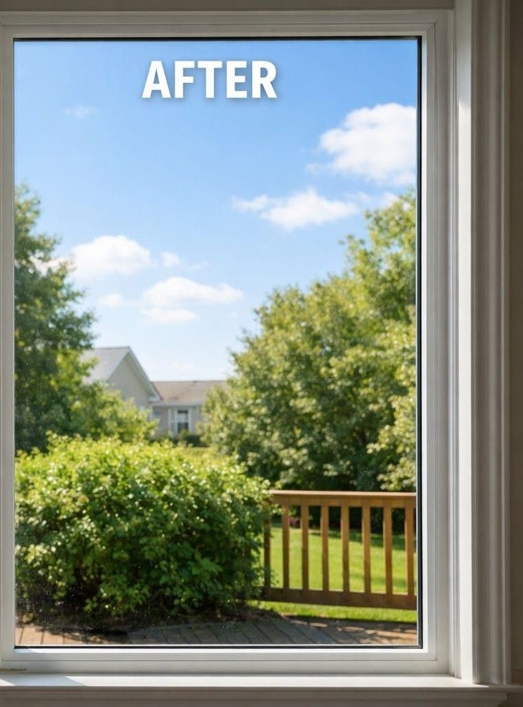 View through a window of a sunny backyard with trees, blue sky, and a deck railing; “AFTER” text at top.