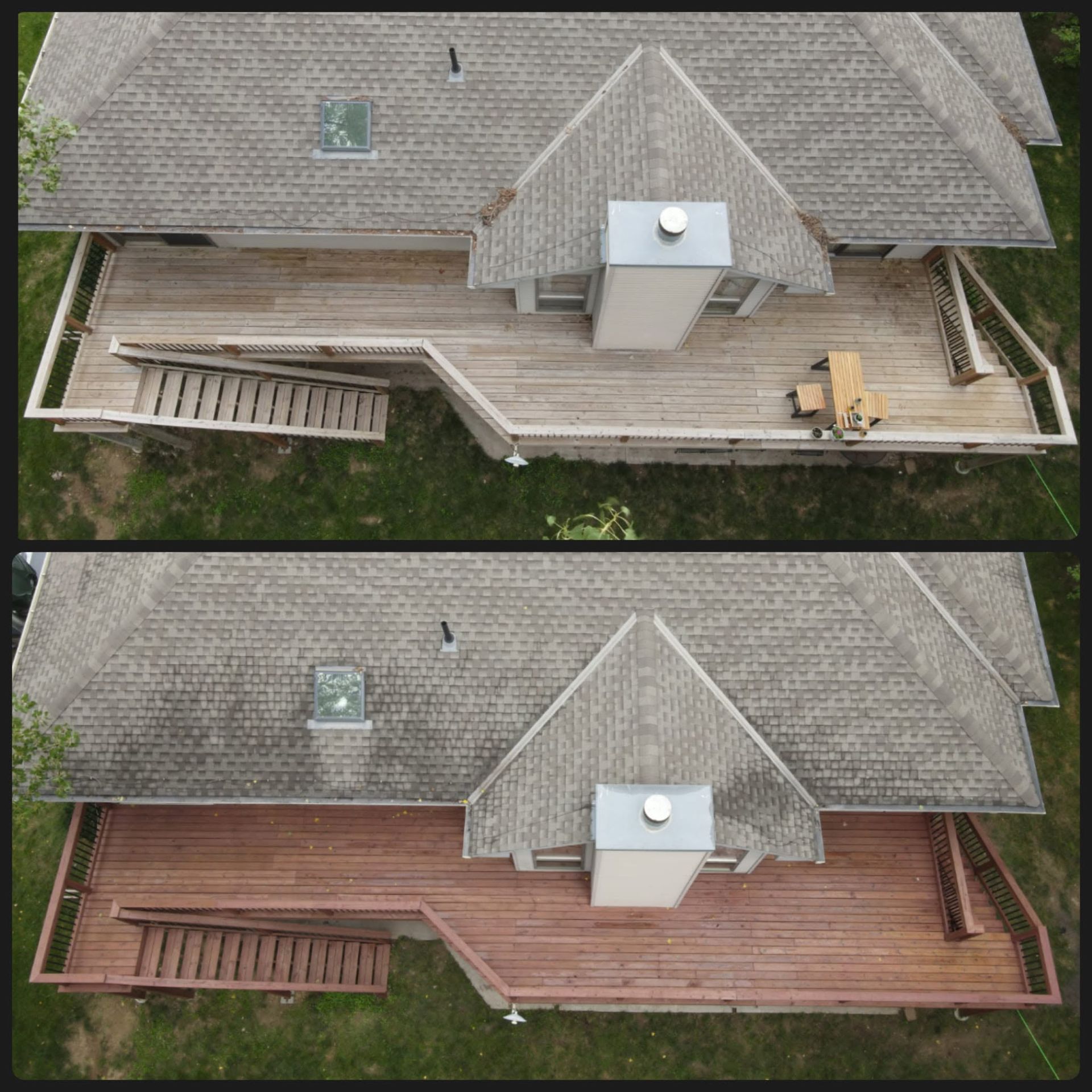Before-and-after aerial view of a house deck resurfaced from gray to reddish-brown wood.