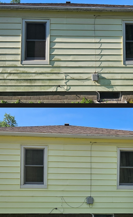 Before-and-after of a house exterior with light yellow siding and repaired wall cracks beneath a window.