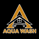 Aqua Wash logo with gold A, black house, and pressure washer on black background