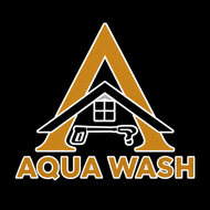 Aqua Wash logo with gold A, black house, and pressure washer on black background