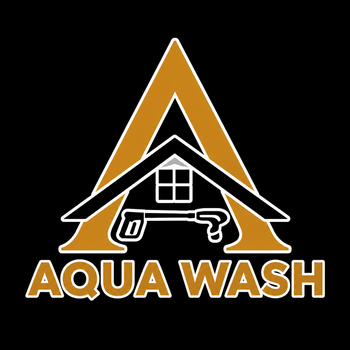 Aqua Wash logo with gold A, black house, and pressure washer on black background