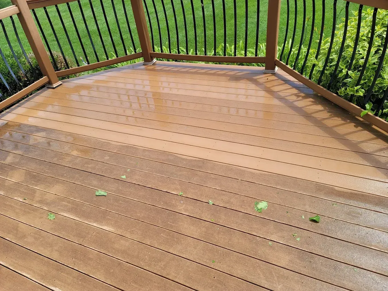 Wooden deck with railing overlooking a green lawn, wet from rain or dew.