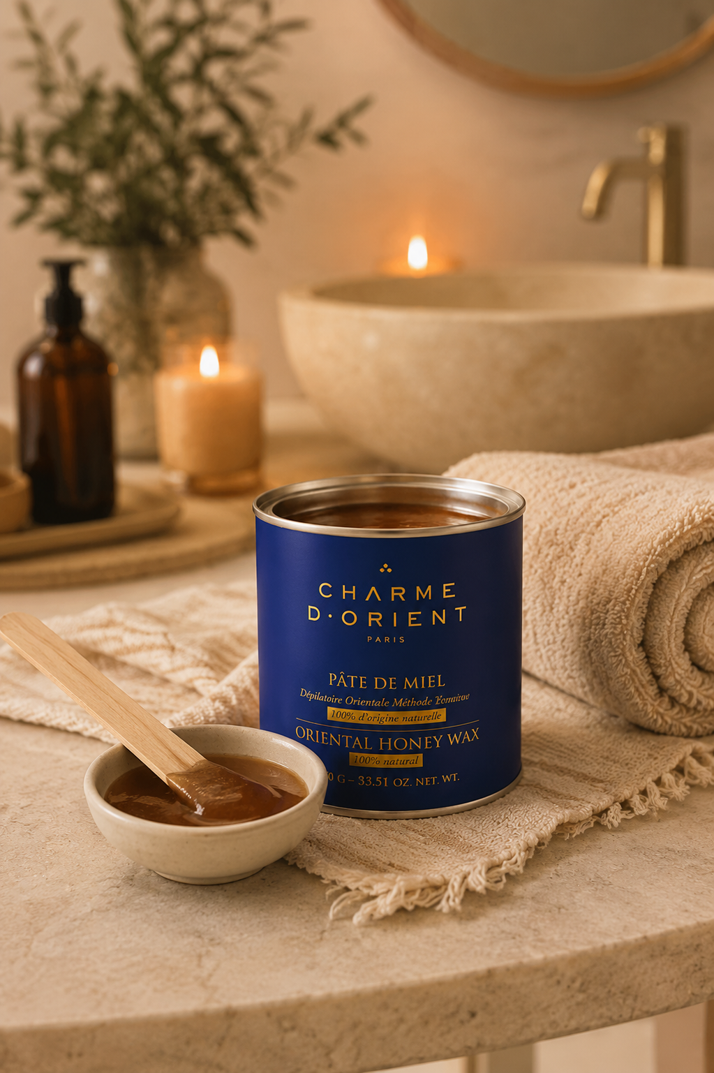Pot à bougie bleu avec cuillère en bois sur un comptoir de salle de bain en pierre, bougies allumées et serviette en arrière-plan