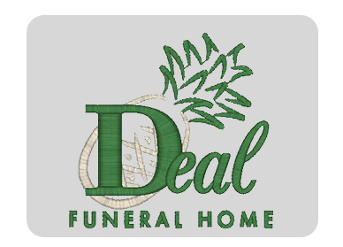 Logo for Deal Funeral Home with green lettering and leafy branch design on a light gray background