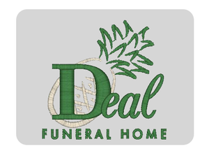 Logo for Deal Funeral Home with green lettering and leafy branch design on a light gray background