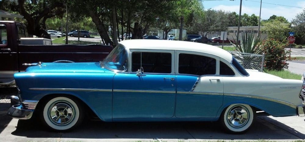 Blue and white classic car parked outdoors.