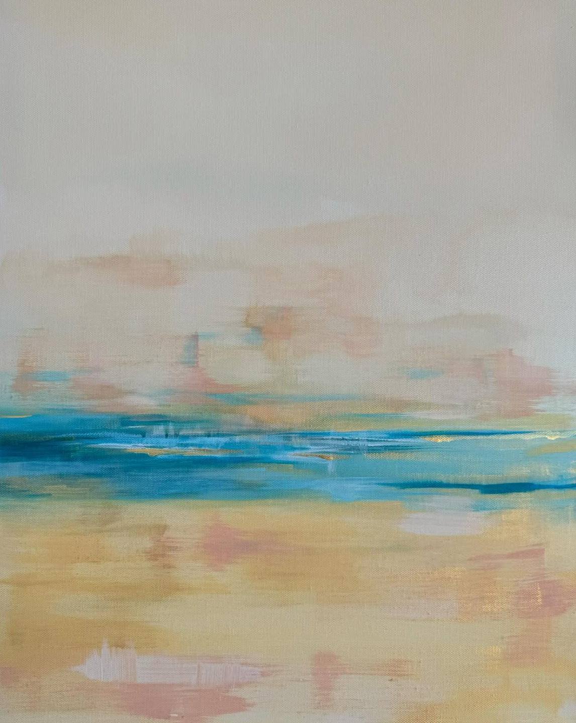 Abstract painting of a beach with blue water, yellow sand, and a light pink sky.